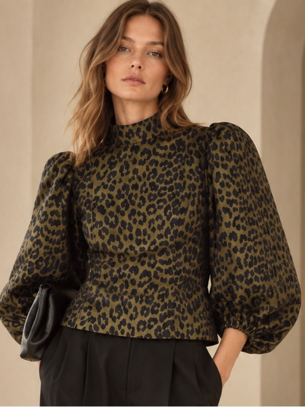 GANNI Leopard Jacquard Puff Sleeve High Neck Blouse Size 38 / US 6 / Medium